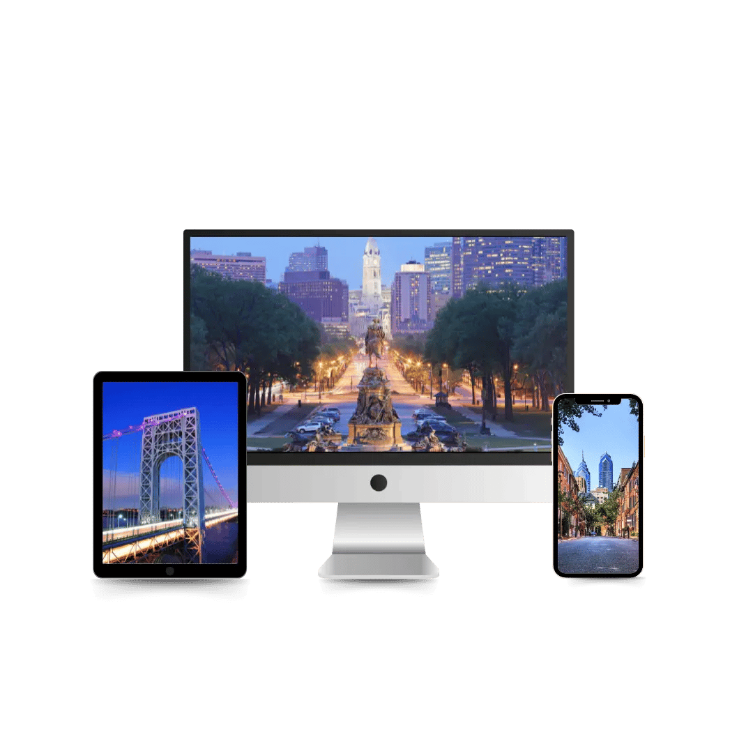 Screens displaying iconic Philadelphia and New Jersey locations, emphasizing local real estate photo