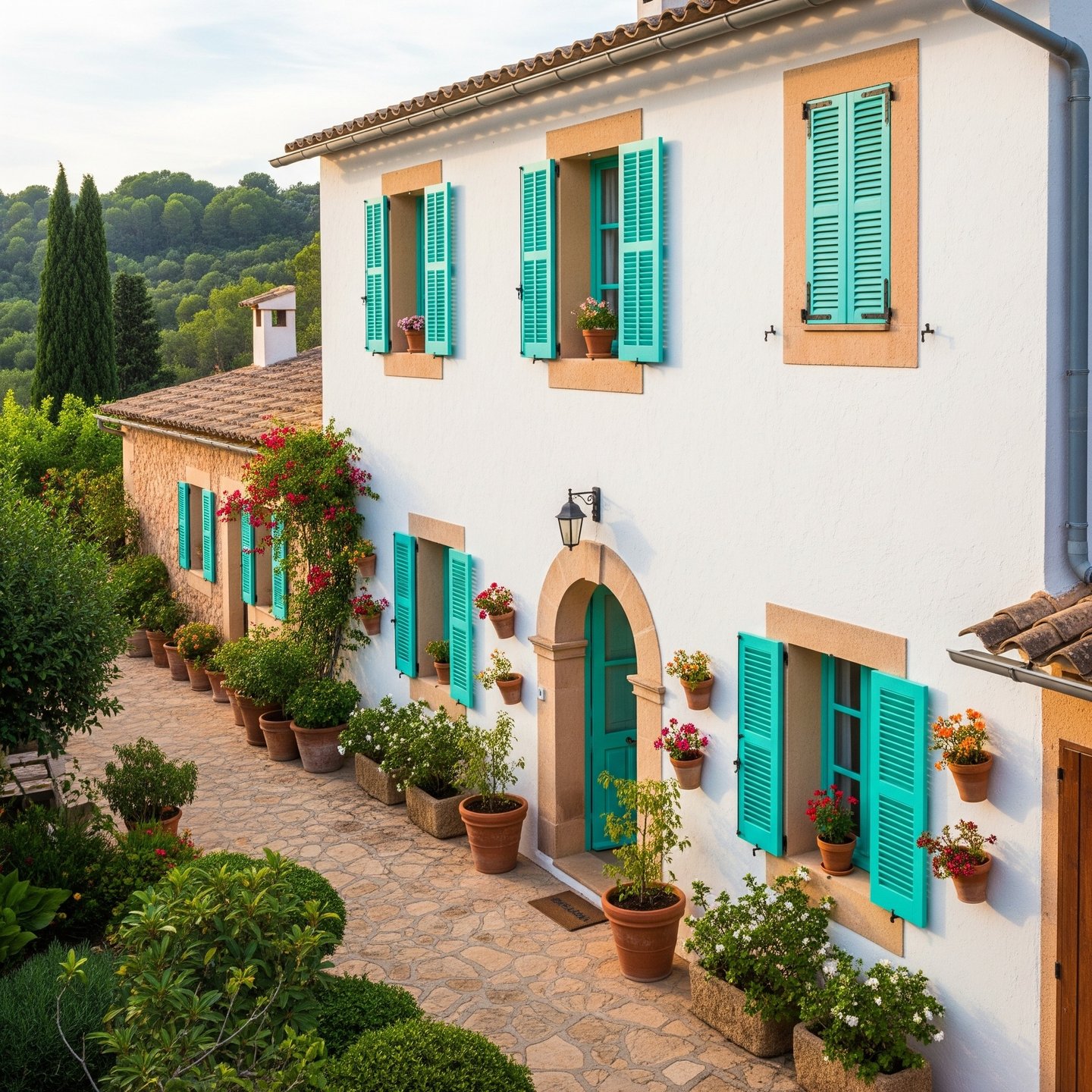 a house with green shutter shutters and blue shutters