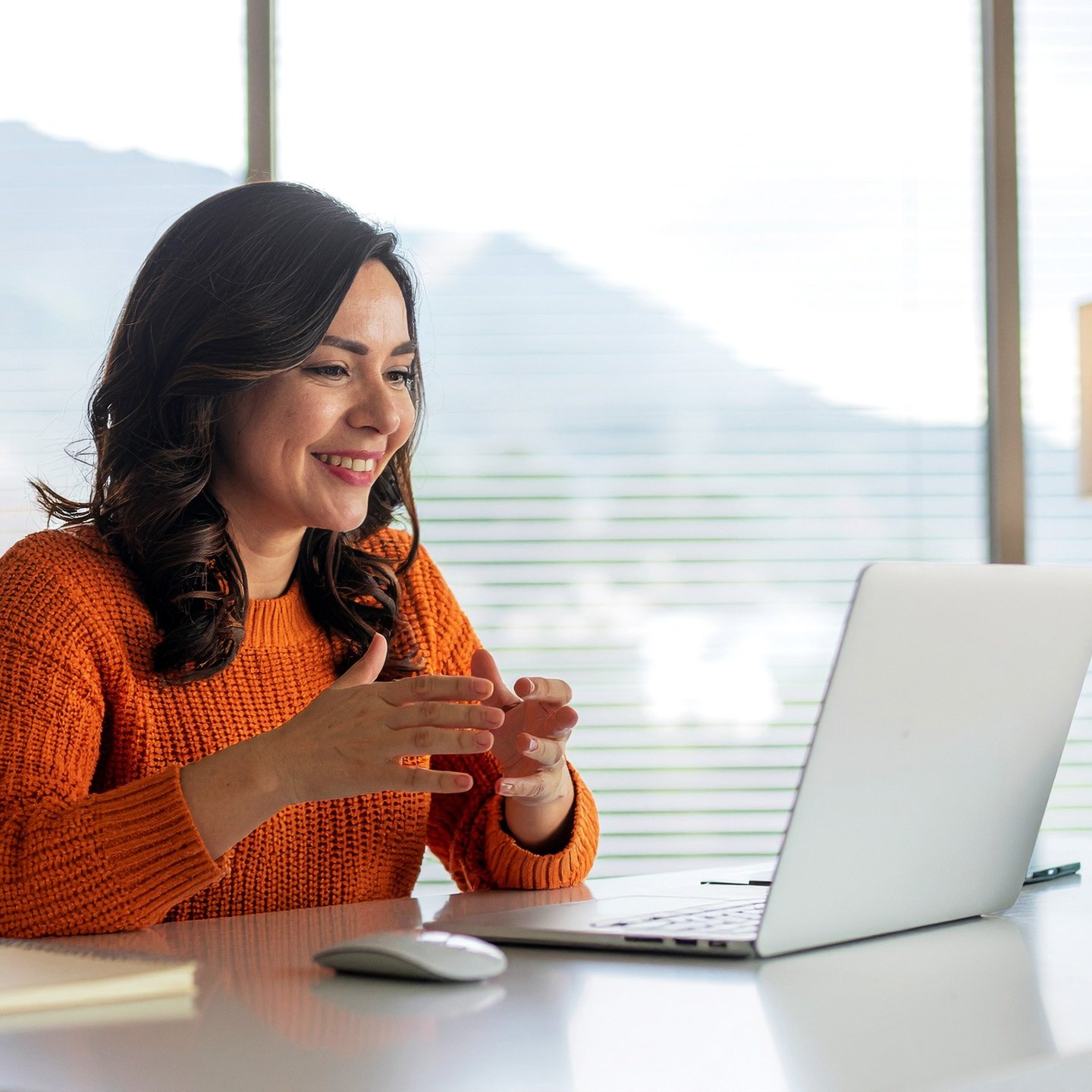 a woman sitting at a desk with a laptop