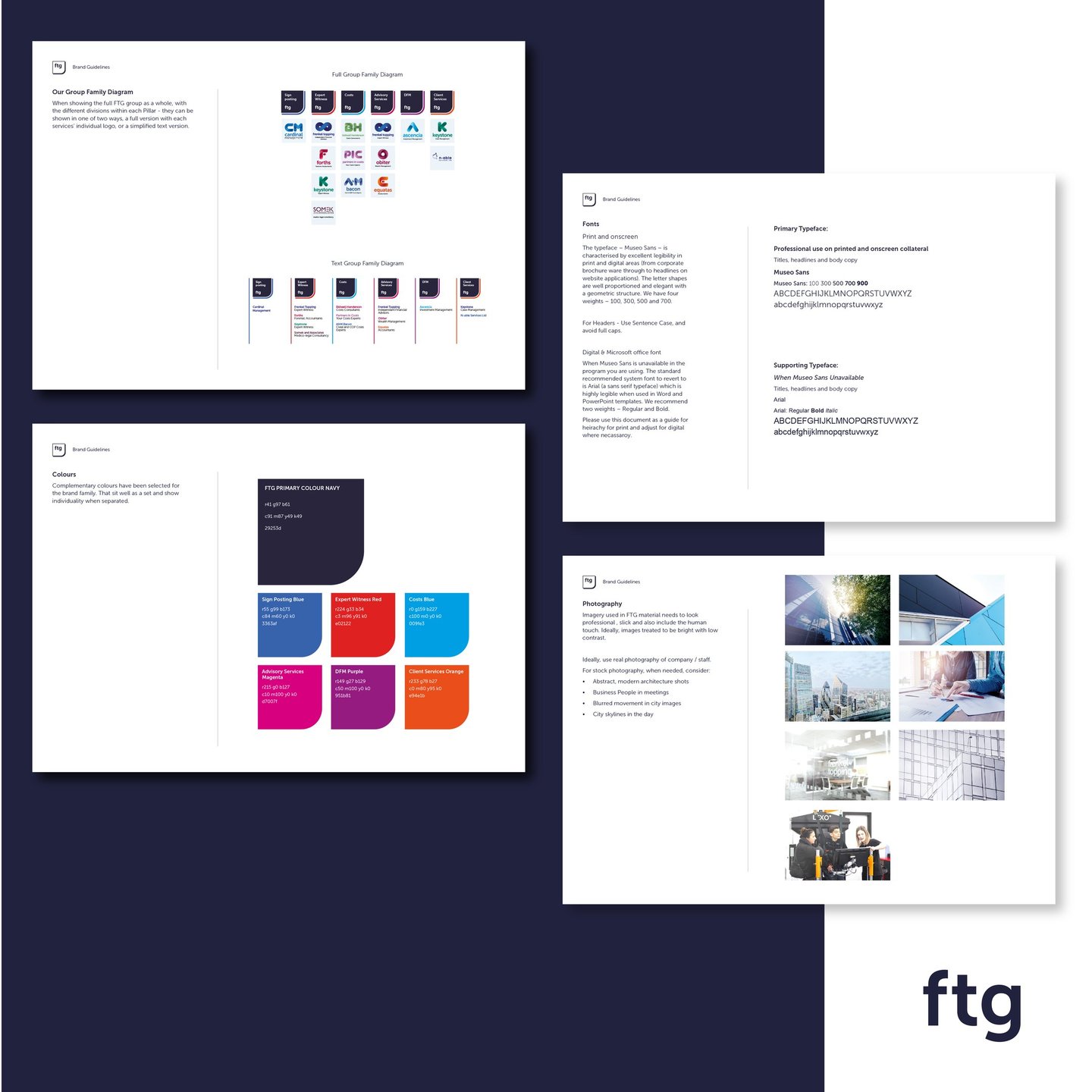 landscape pages showing brandguidelines for Frenkel Topping