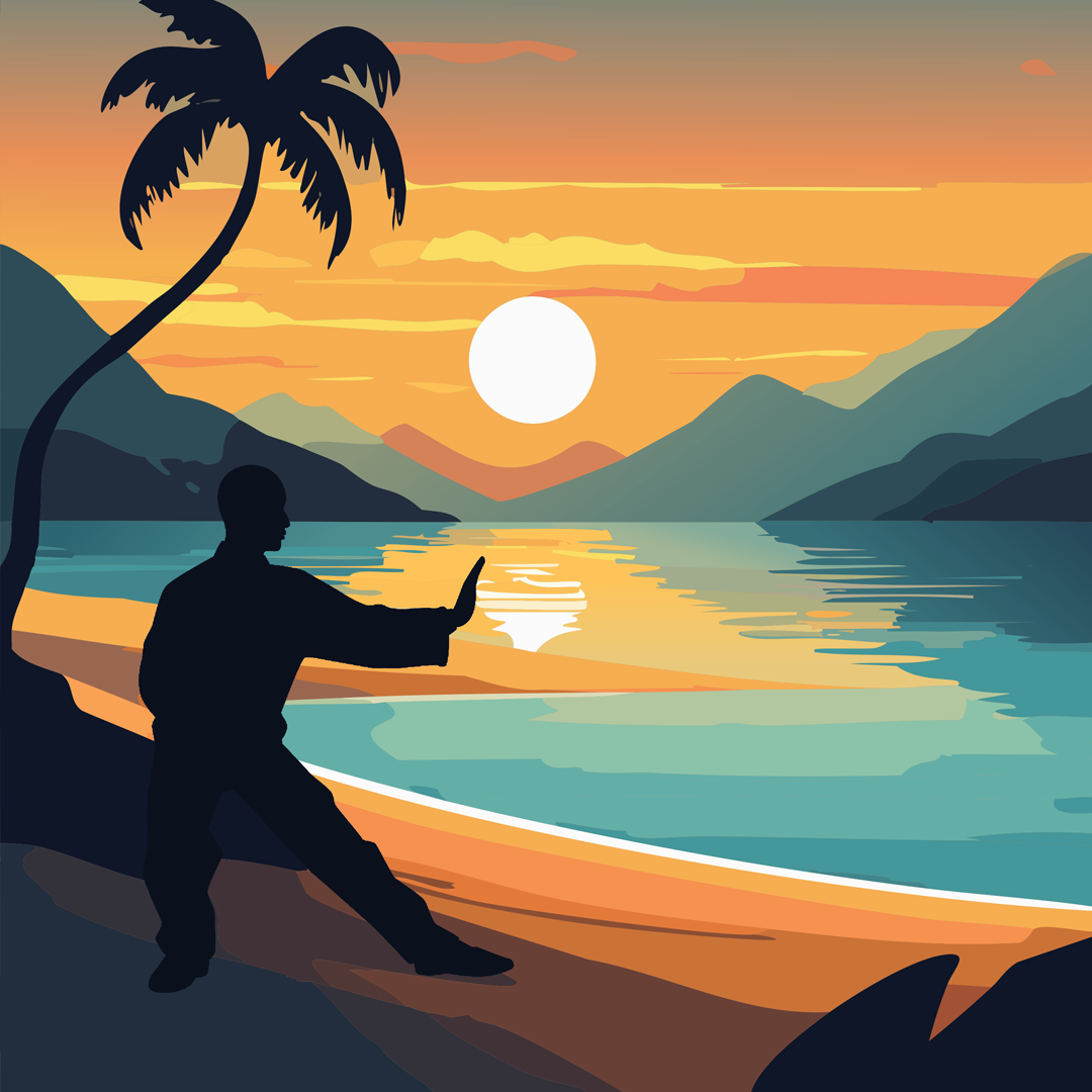 a man doing a tai chi pose on a beach