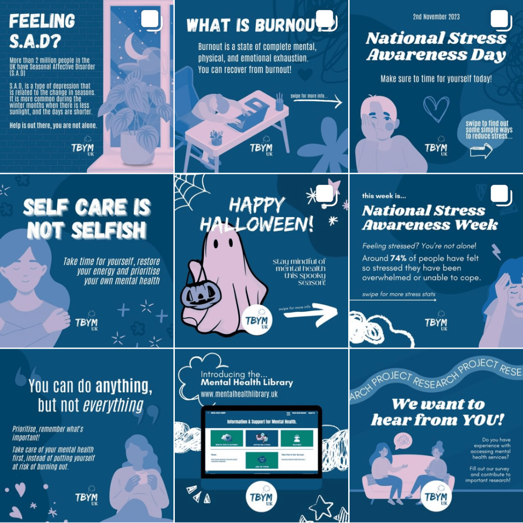 Social media posts made for Take Back Your Mind UK, highlighting various mental health topics