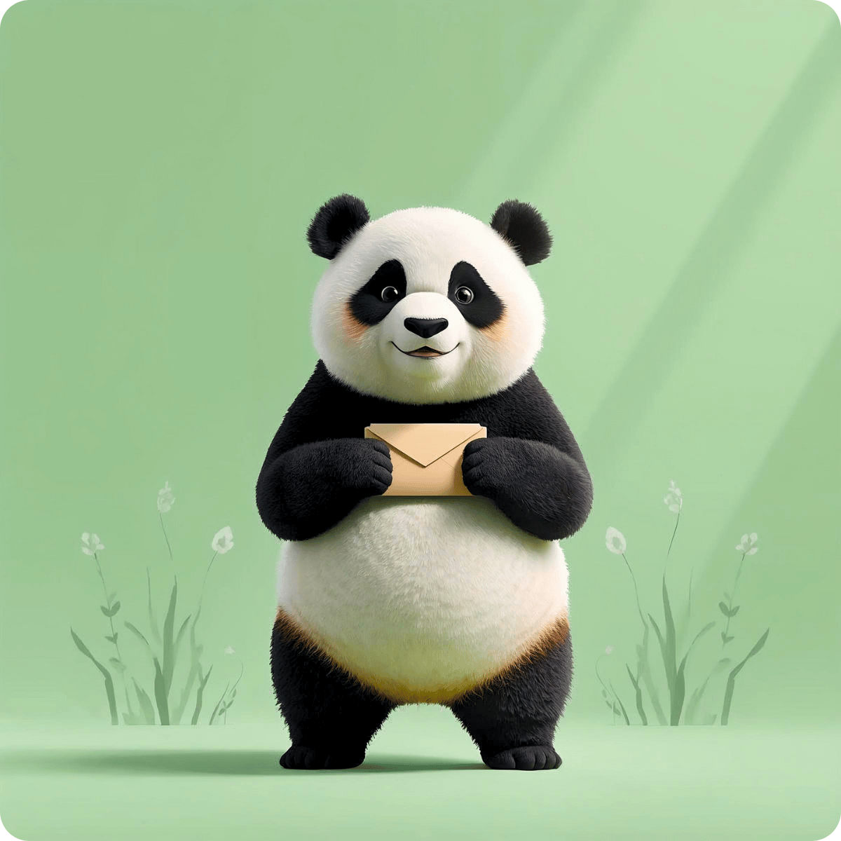 Mindy the Mindful panda holding a mail envelope