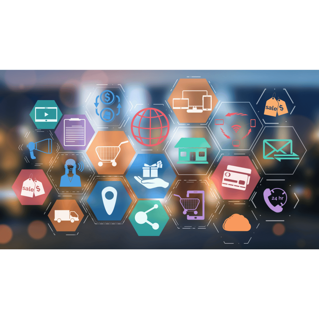 Vários ícones e desenhos representativos de ferramentas e aplicativos, com várias cores diferentes.