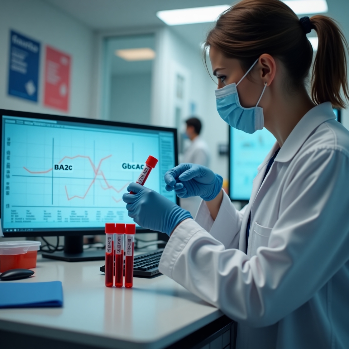 Biomédica enfrente ao monitor com tubos de ensaio 