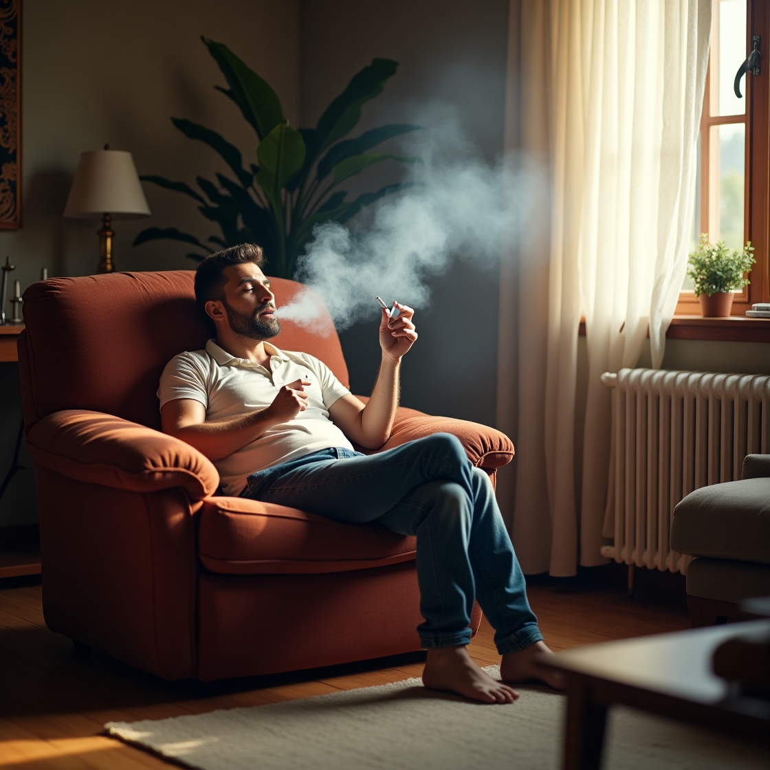 Homem de meia idade fumando em uma poltrona