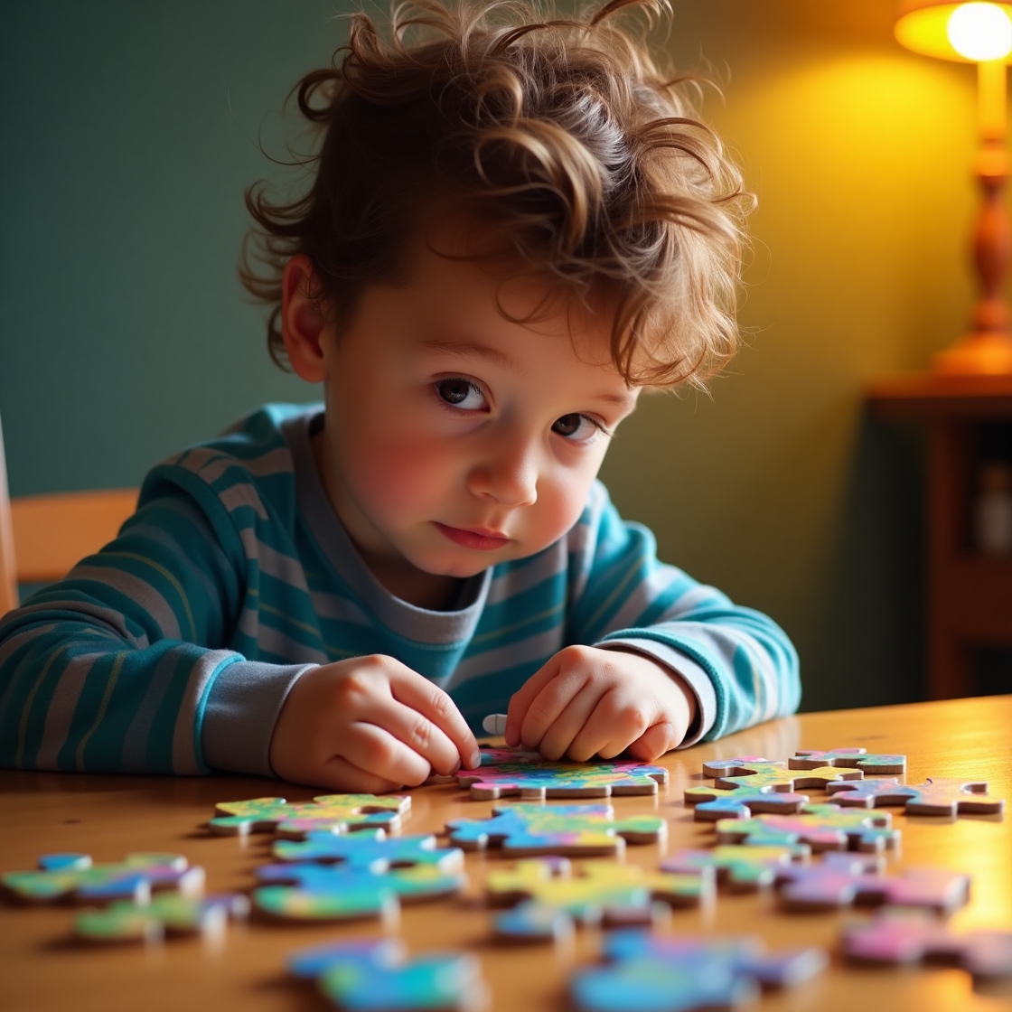 imagem feita por AI de um menino autista brincando com quebra-cabeças coloridos