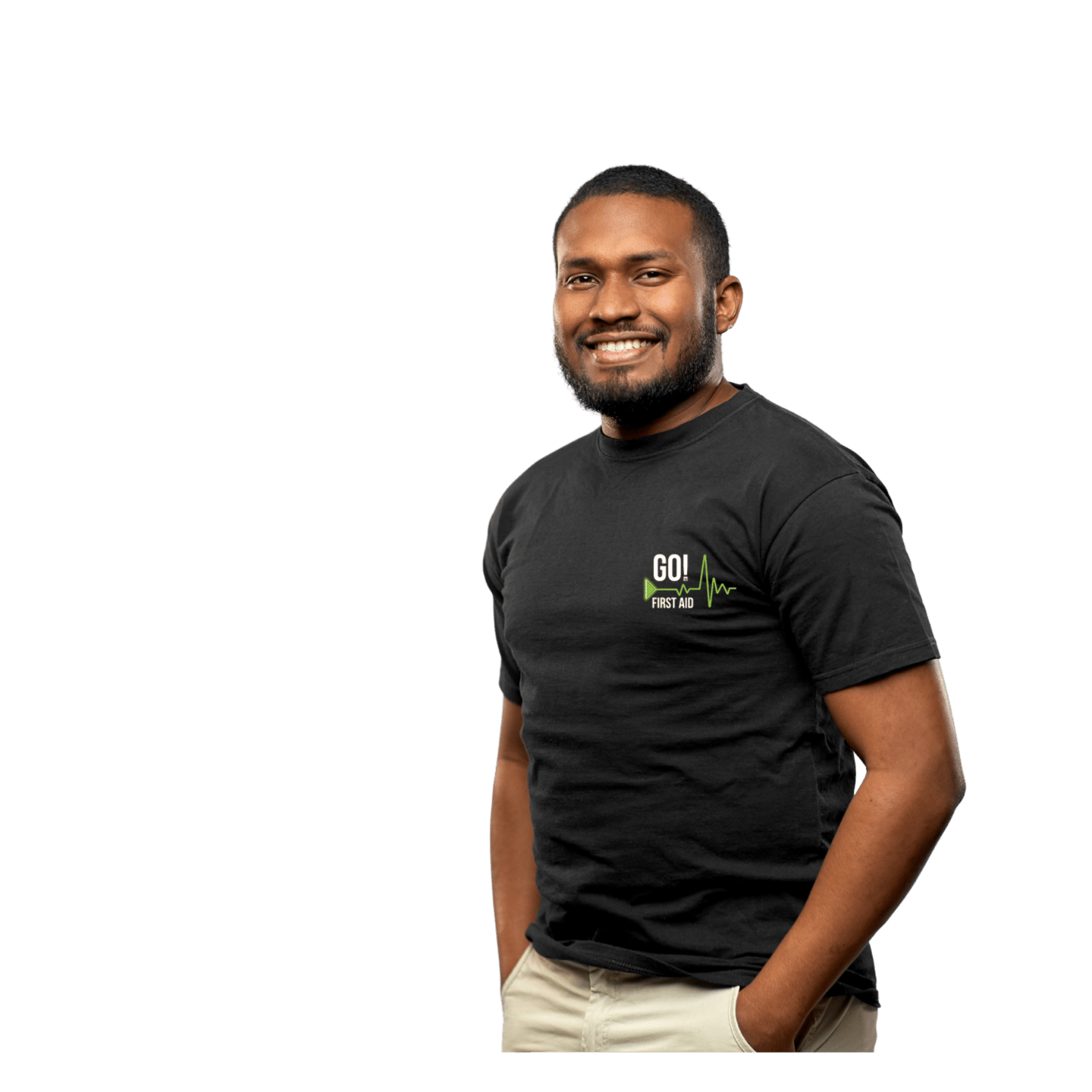 a GO! First Aid Instructor with a black logoed t-shirt encouraging to bookmark the page 