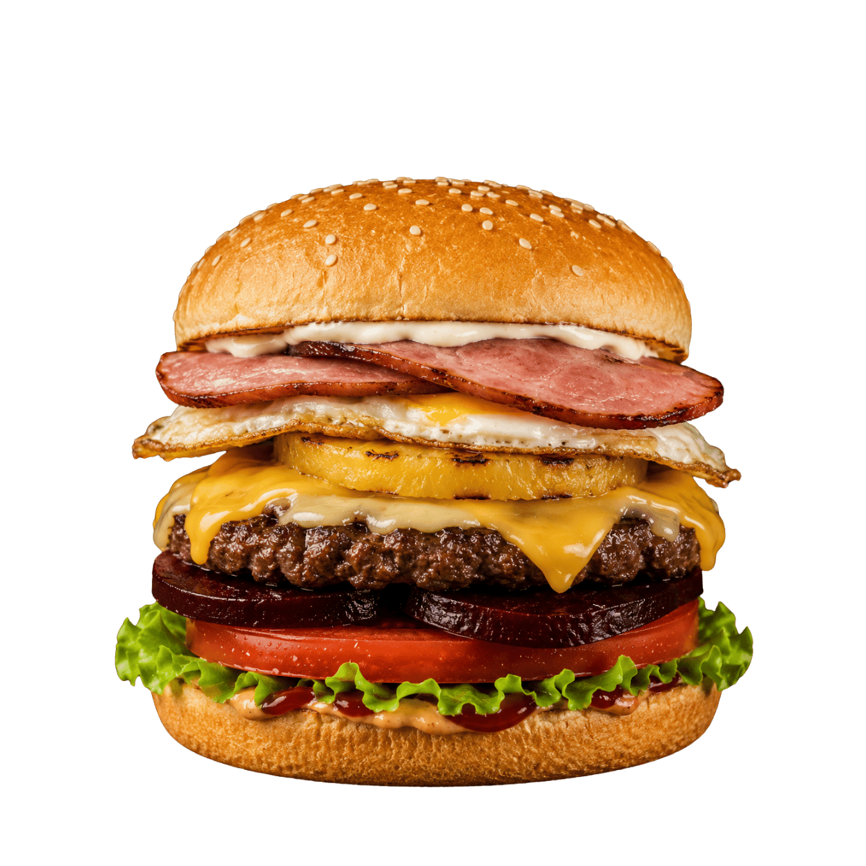 Aussie Legend Burger with beef patty, bacon, fried egg, pineapple, beetroot, tomato and lettuce on a