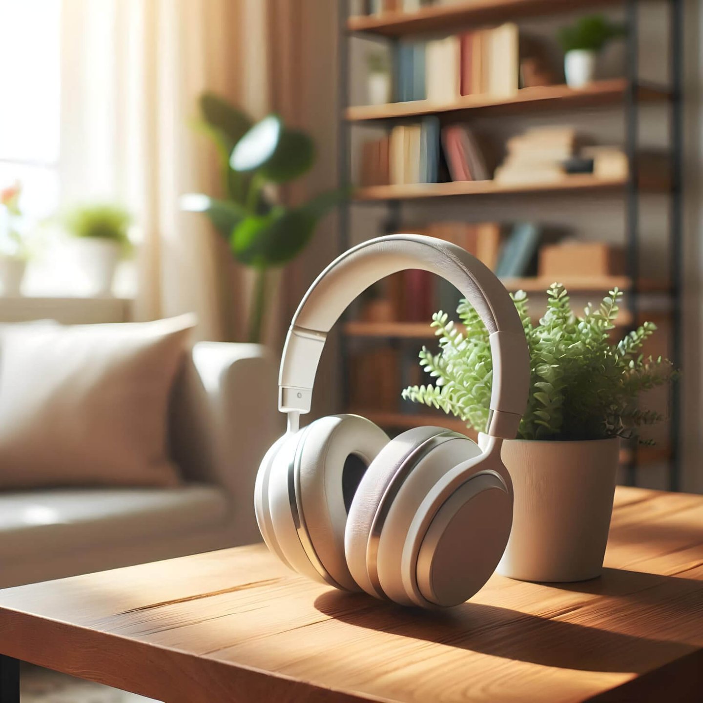 a pair of headphones with a plant in the background