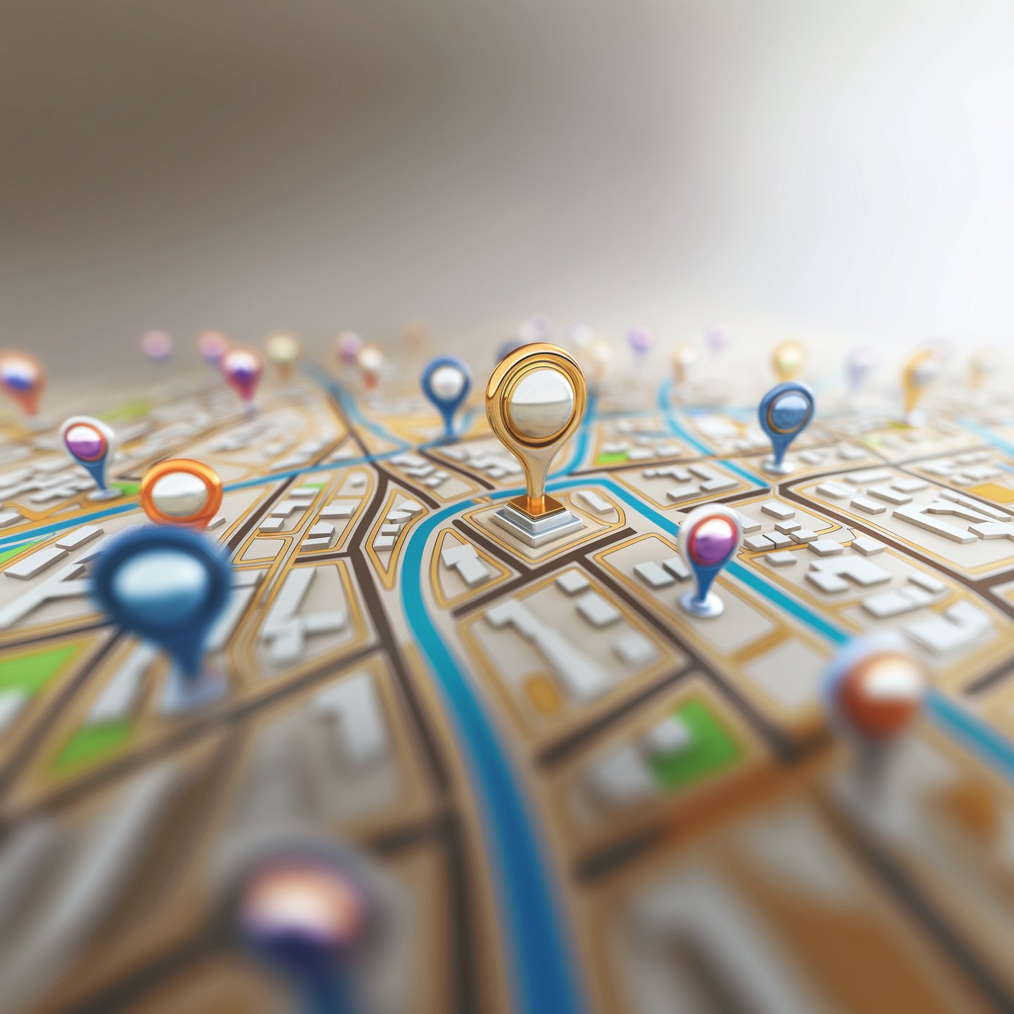 a map of a city with pins and pins on it, with a big main pin in the middle