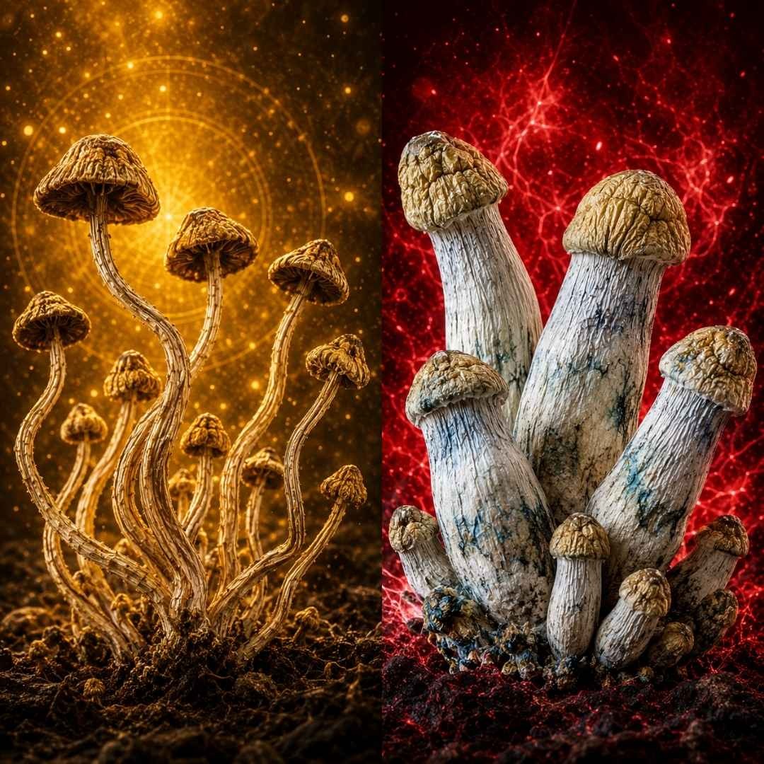 Golden Teachers against a gold background, and penis envy against a red background.