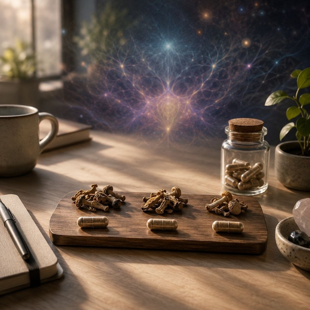 Dried functional mushrooms and capsules on a wooden board for microdosing and wellness.