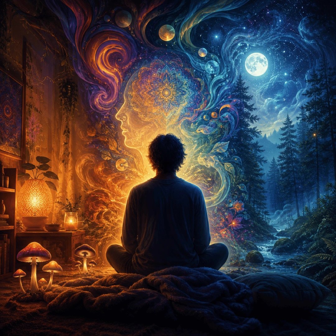 A person meditating in a cozy room with glowing mushrooms, facing a psychedelic portal to a starry forest.