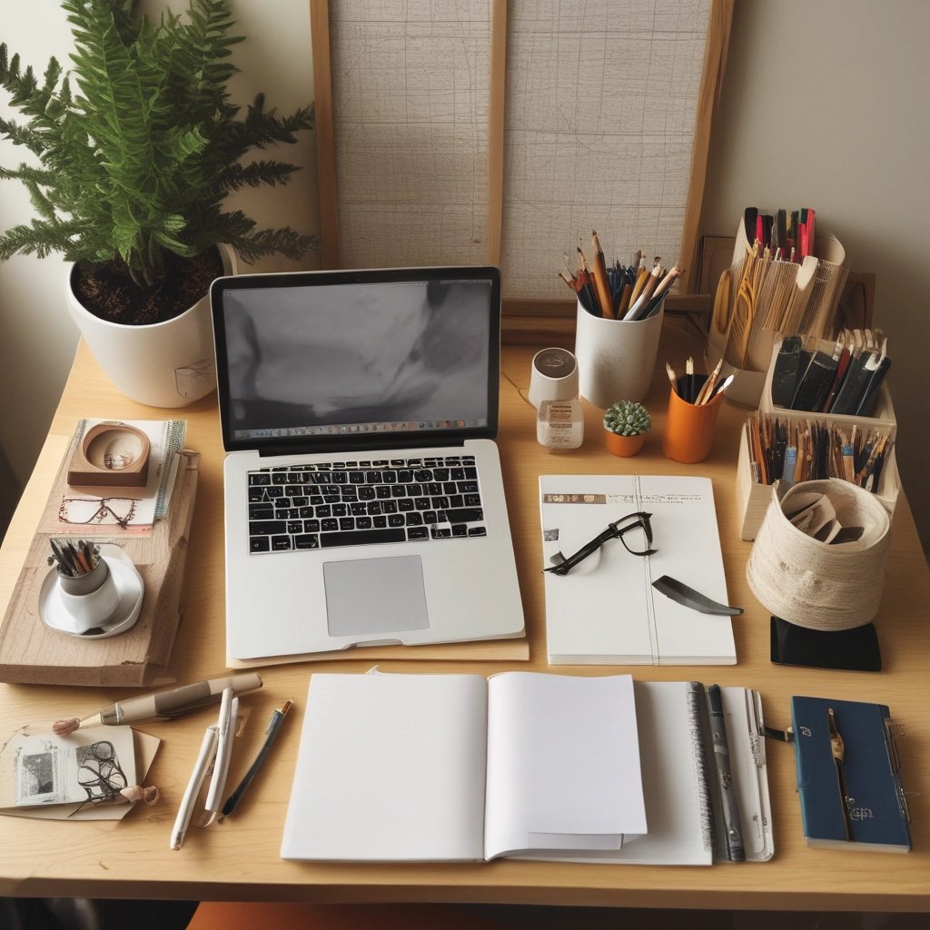 A cozy desk with warm colors and organizational tools as well as notebooks and pencils