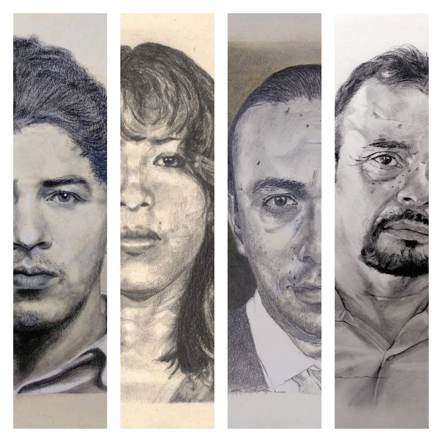 Colección de cuatro retratos realistas a grafito, rostros de hombres y mujeres en escala de grises