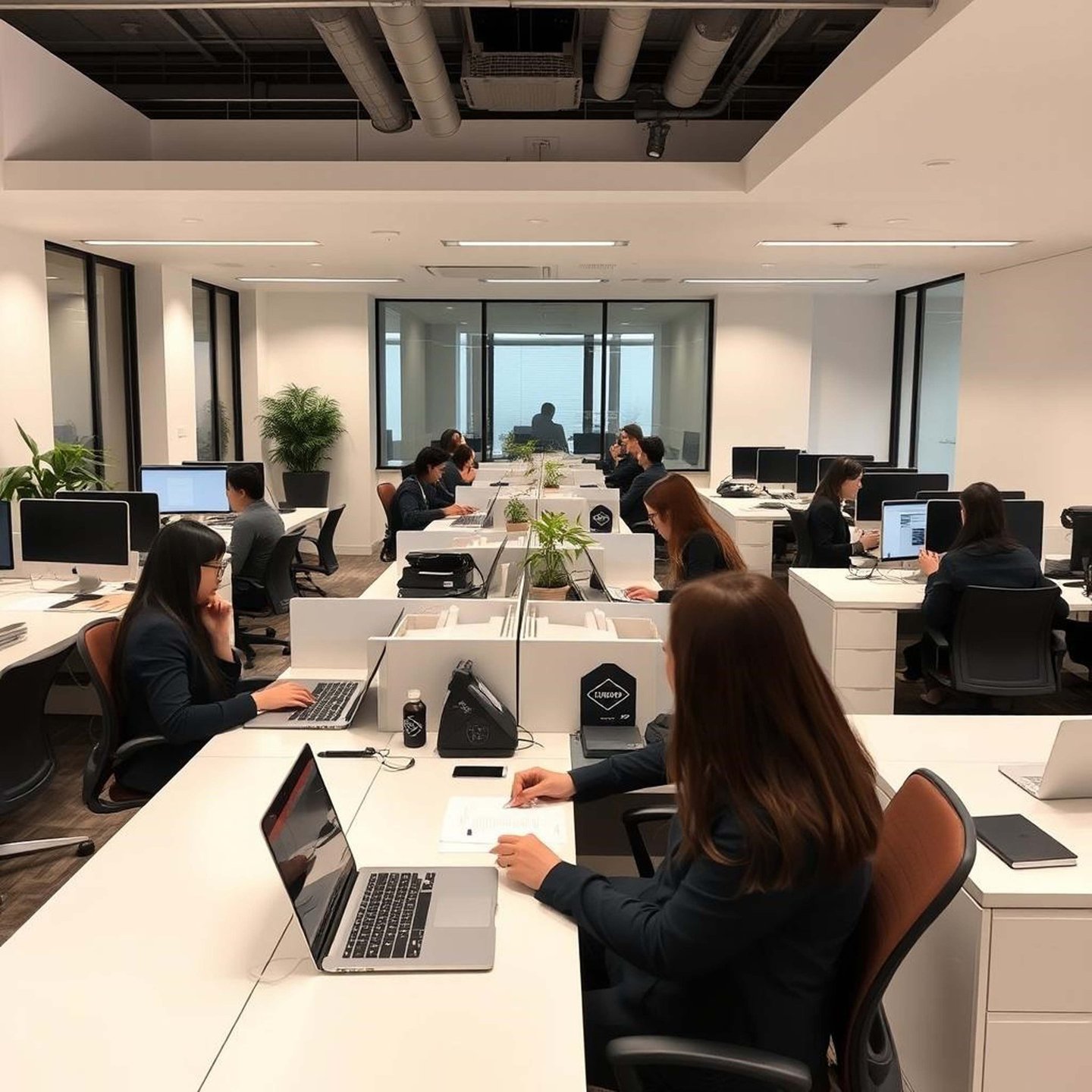 Personas trabajando en oficina con laptops, representando bienestar laboral,