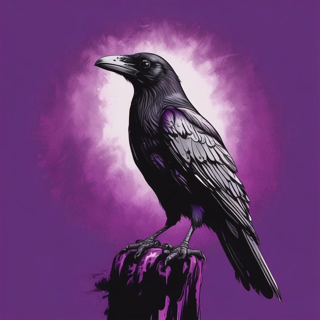 A gothic raven perched on a twisted branch silhouetted against a deep purple and black twilight sky.