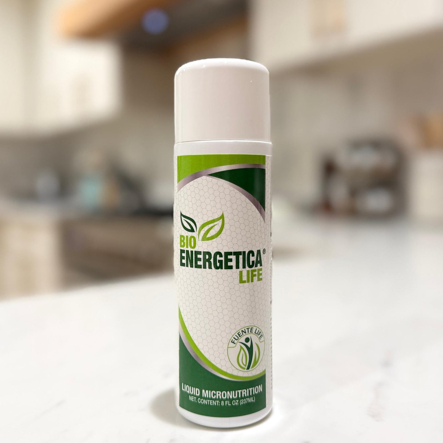 Bioenergetica Life natural liquid supplement bottle on kitchen counter