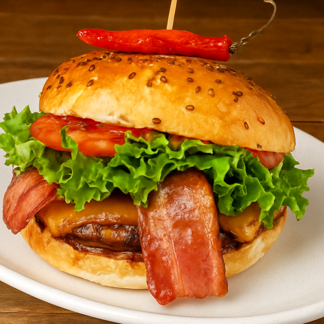 Hamburguesa gourmet picante con pan con semillas, queso fundido, lechuga fresca y guarnición.