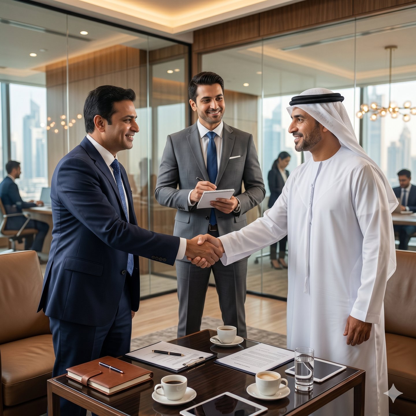 Businessmen shaking hands during a successful meeting in a modern Dubai office.
