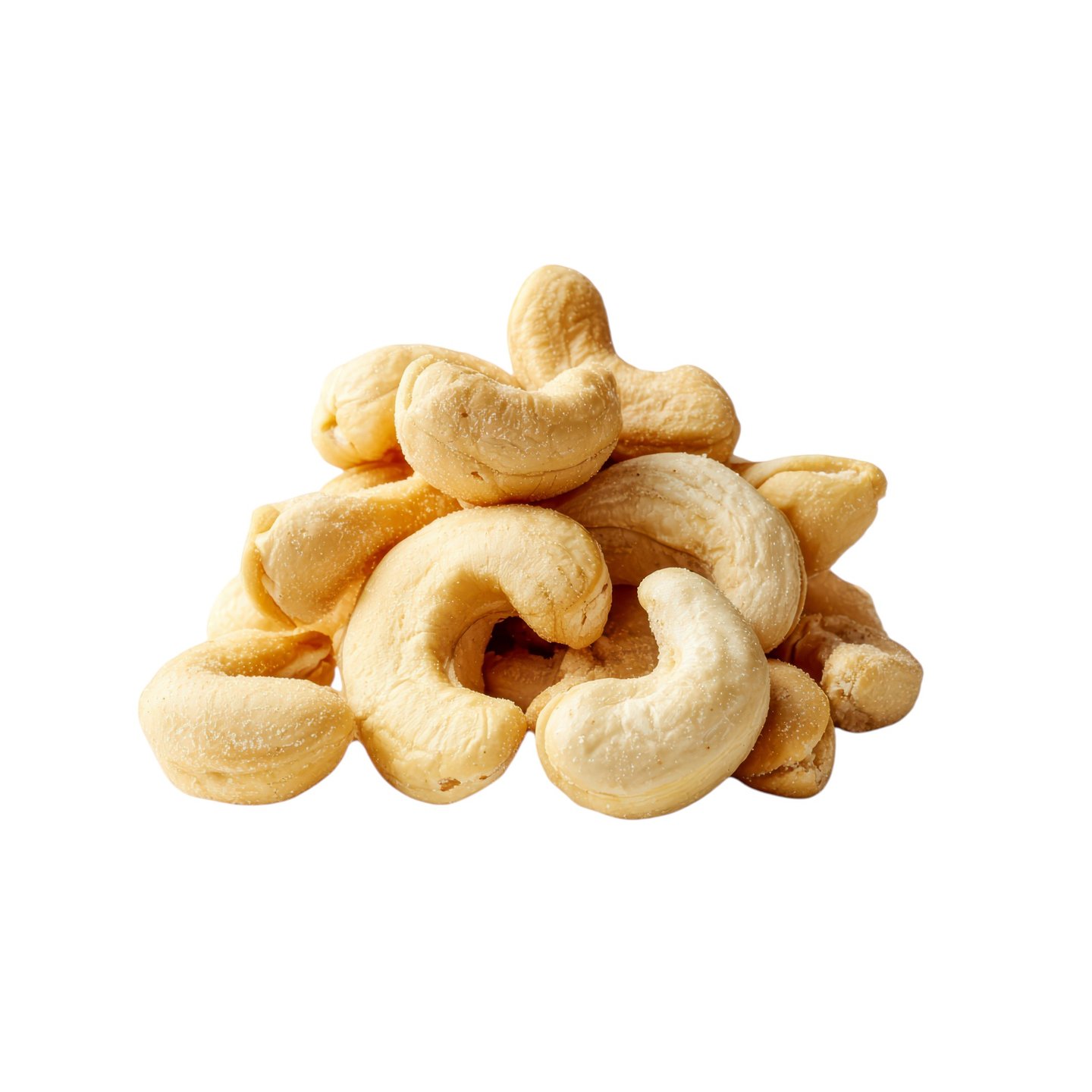 A pile of roasted salted cashew nuts isolated on a white background, perfect for healthy snacking.