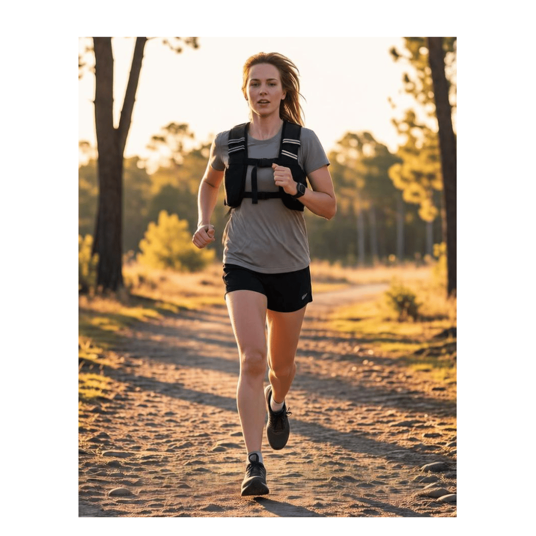 Woman running on a dirt trail at sunset while wearing a black weighted vest, athletic shorts, and a 