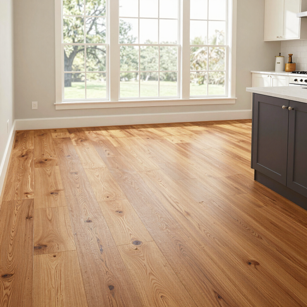 Modern kitchen featuring wide plank light oak hardwood flooring and large windows.