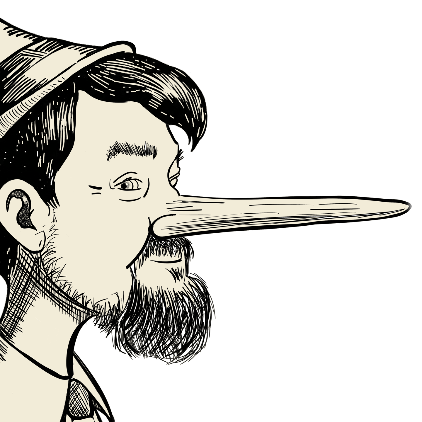 Bearded man with a Pinocchio nose — signature illustration of author Rik Vernante