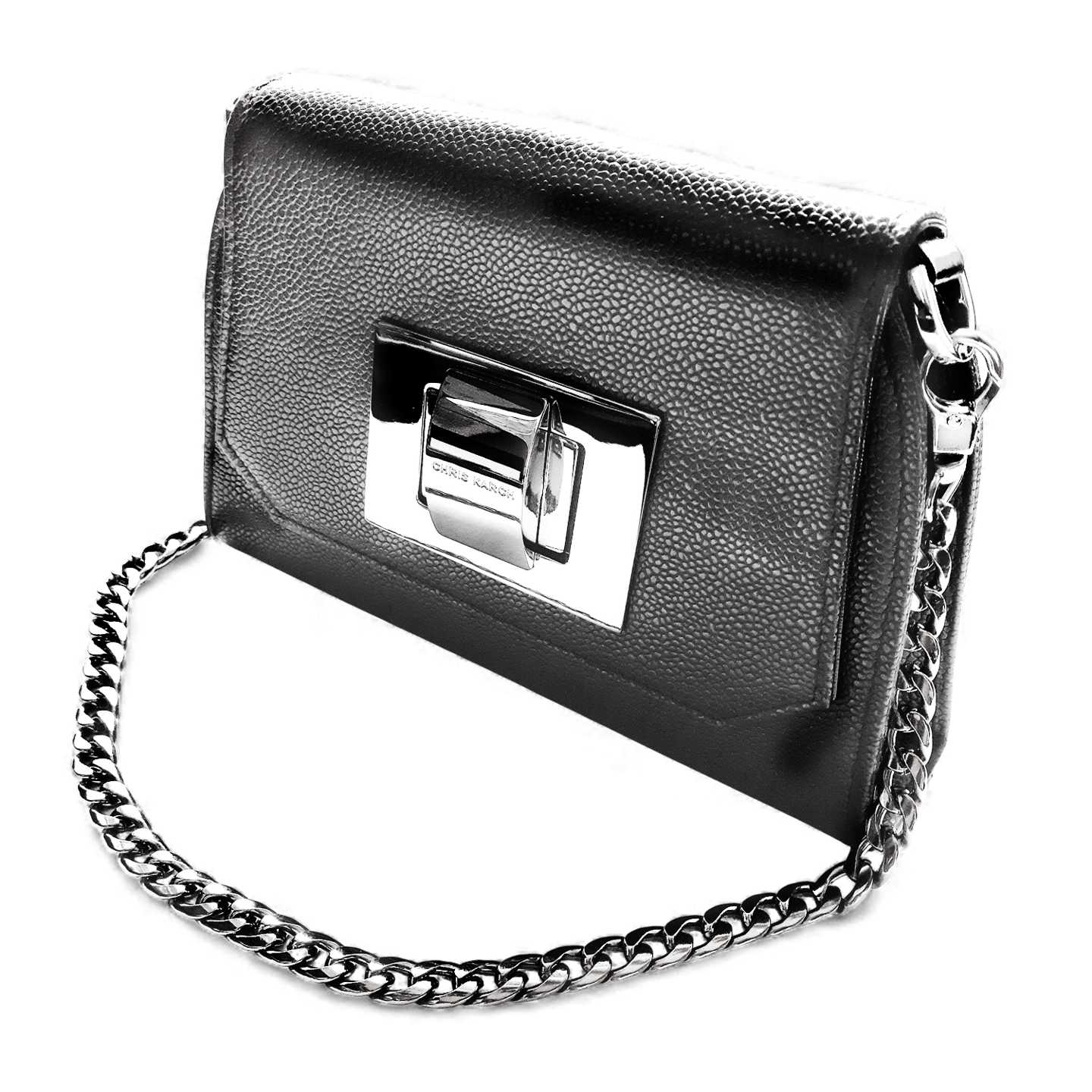 Elegant black textured leather crossbody bag with silver hardware and a chain strap.