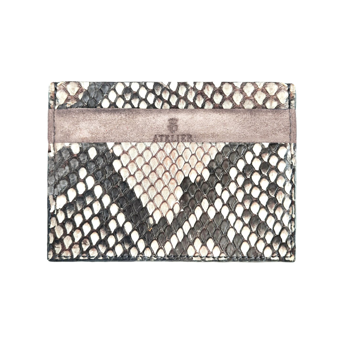 Luxury snakeskin leather card holder with grey suede trim and Atelier logo.