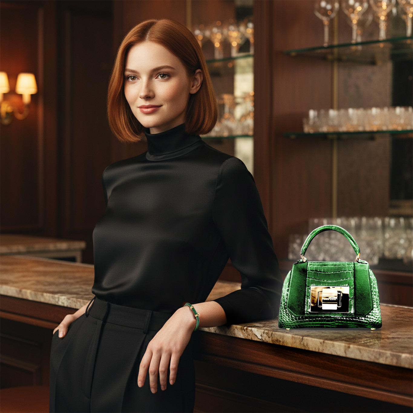 Elegant woman in black silk turtleneck posing with a green crocodile leather luxury handbag.