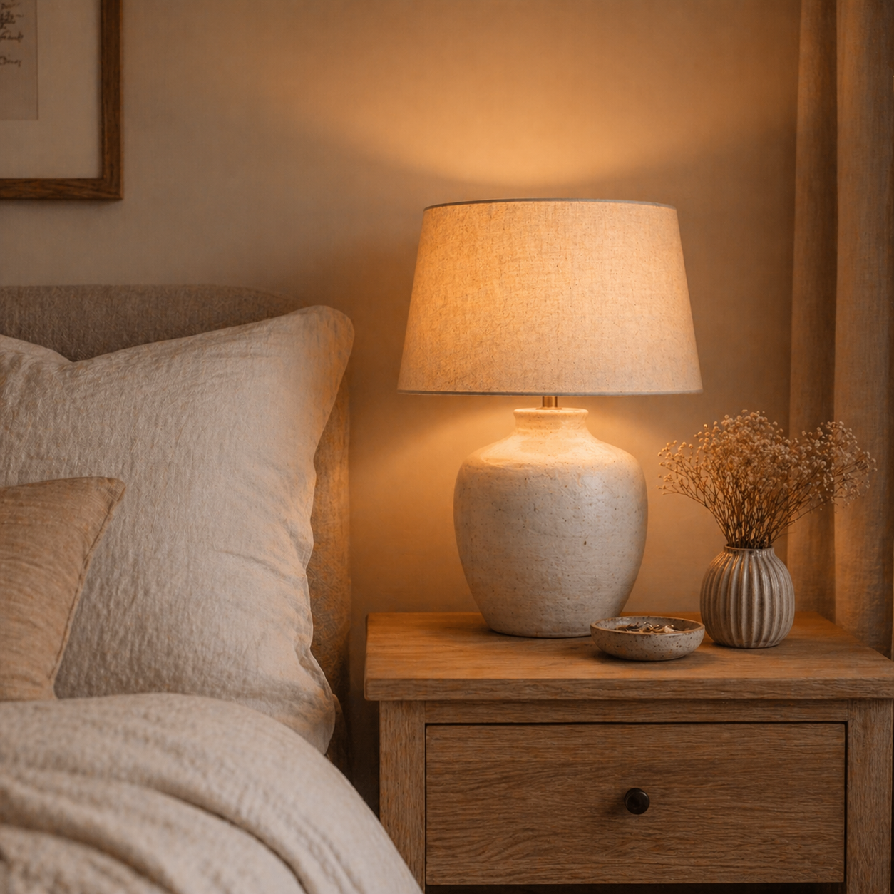 Minimal cozy bedroom inspiration with layered pillows and throws