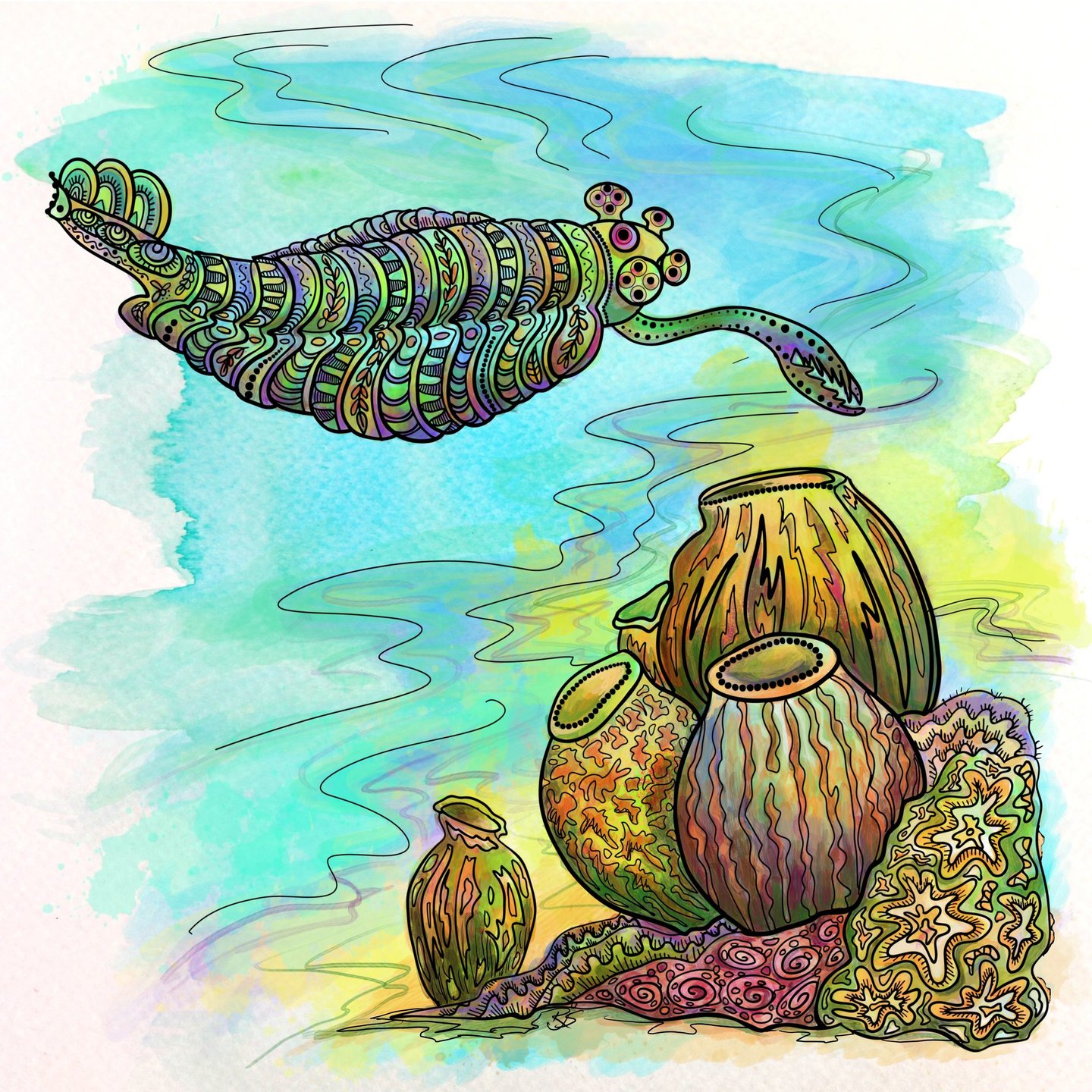 watercolor drawing of Opabinia