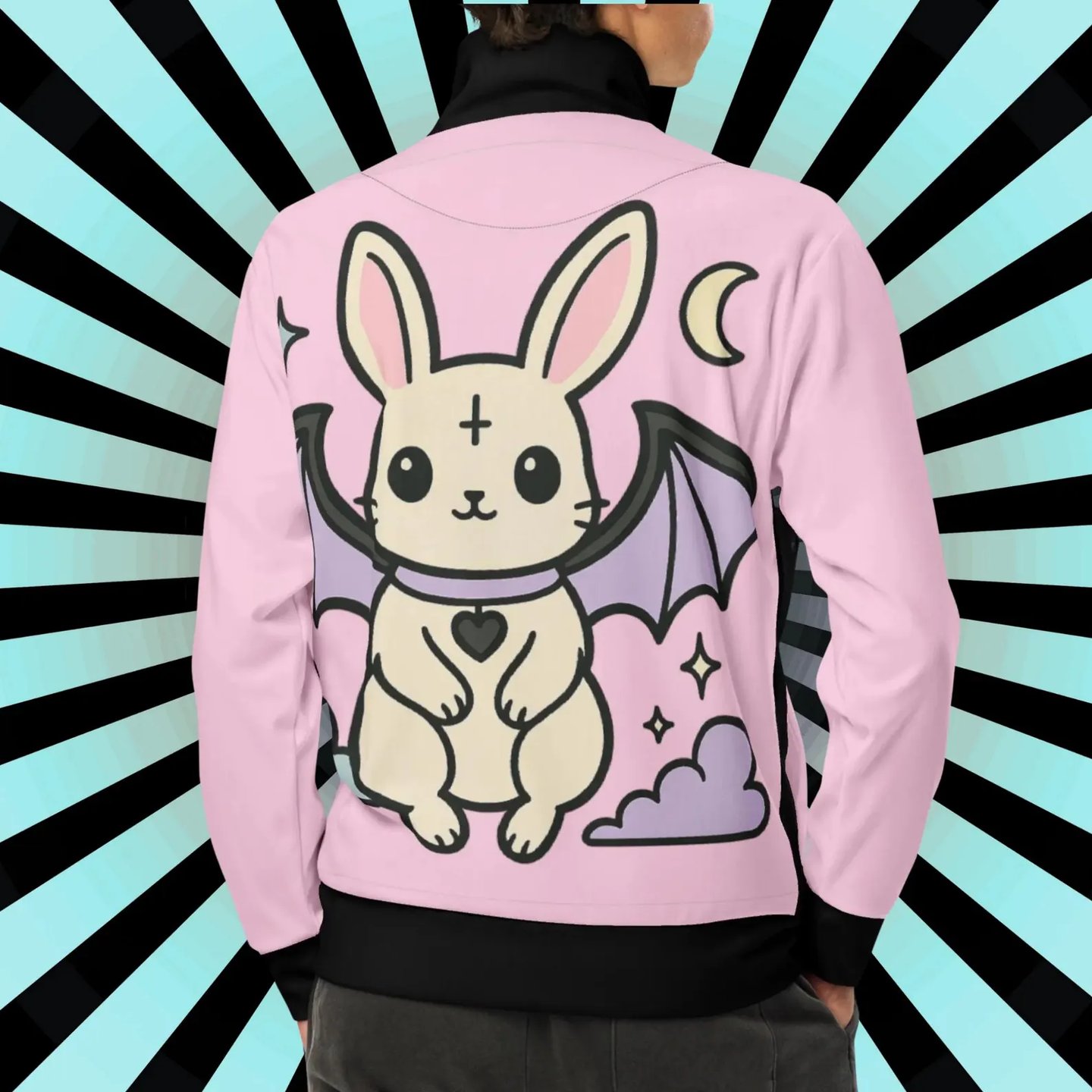 pastel goth pink jacket with a bat winged bunny