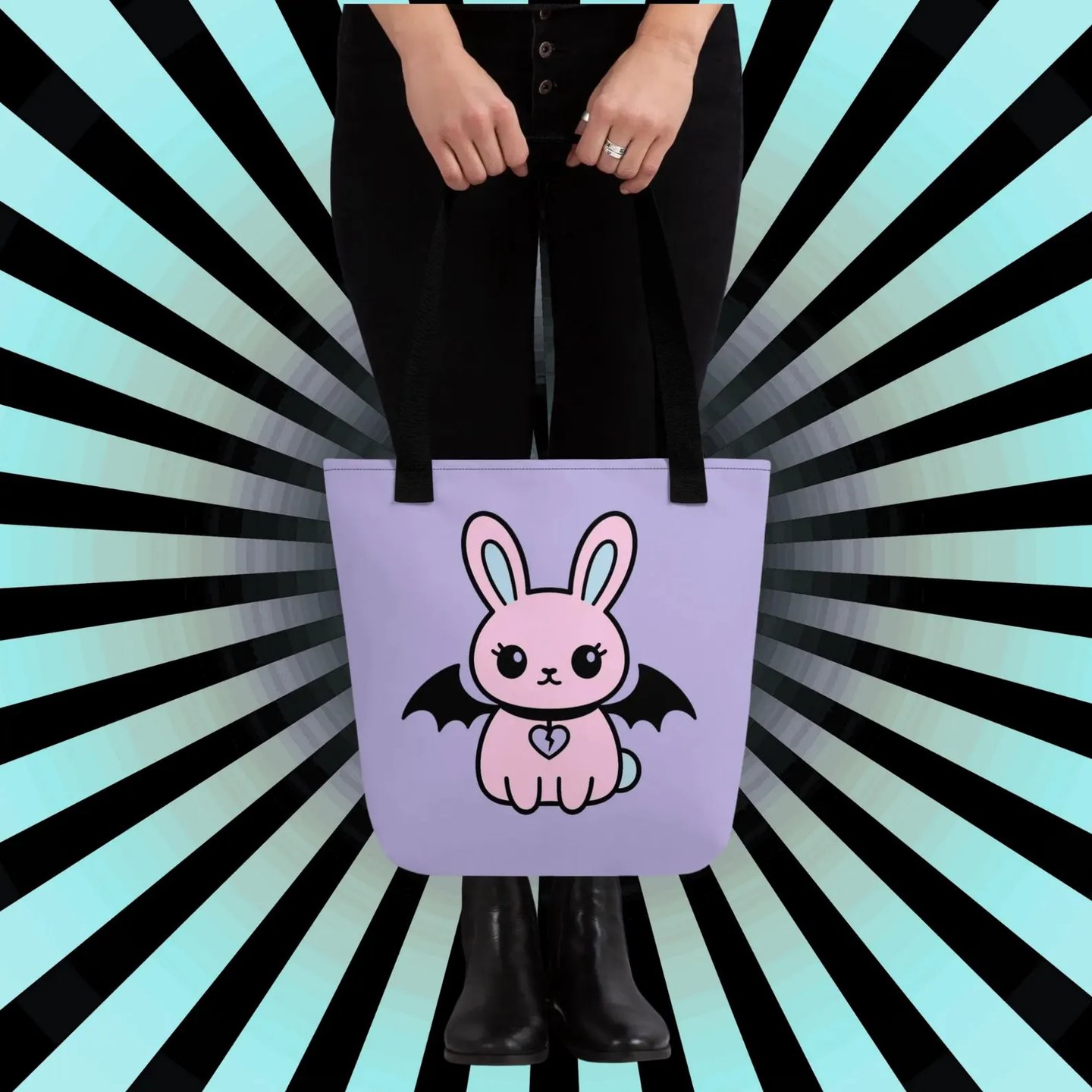 alt fashion purple bag with a bat winged pastel kawaii bunny