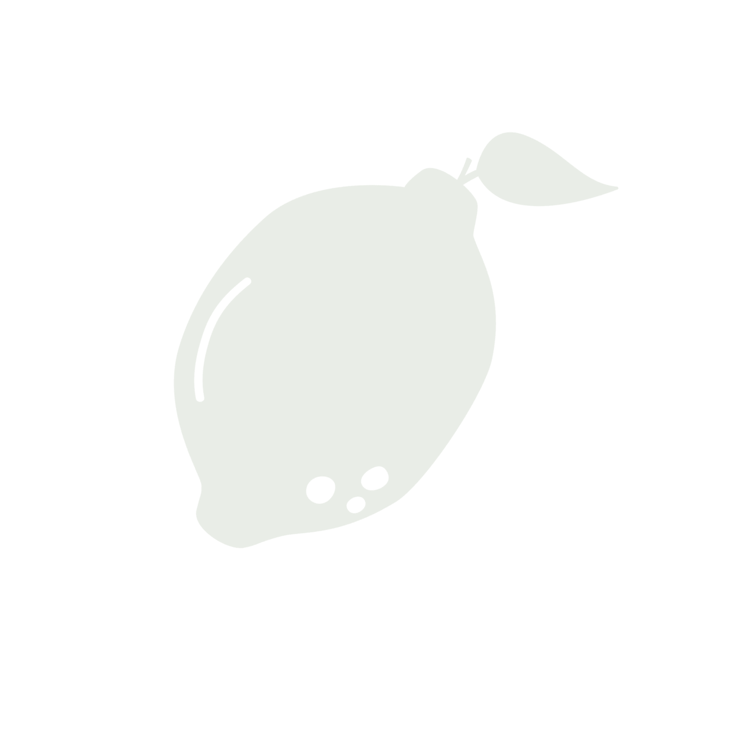 Minimalista, halványzöld citromgyümölcs-sziluett illusztráció egyetlen levéllel fehér háttér előtt.