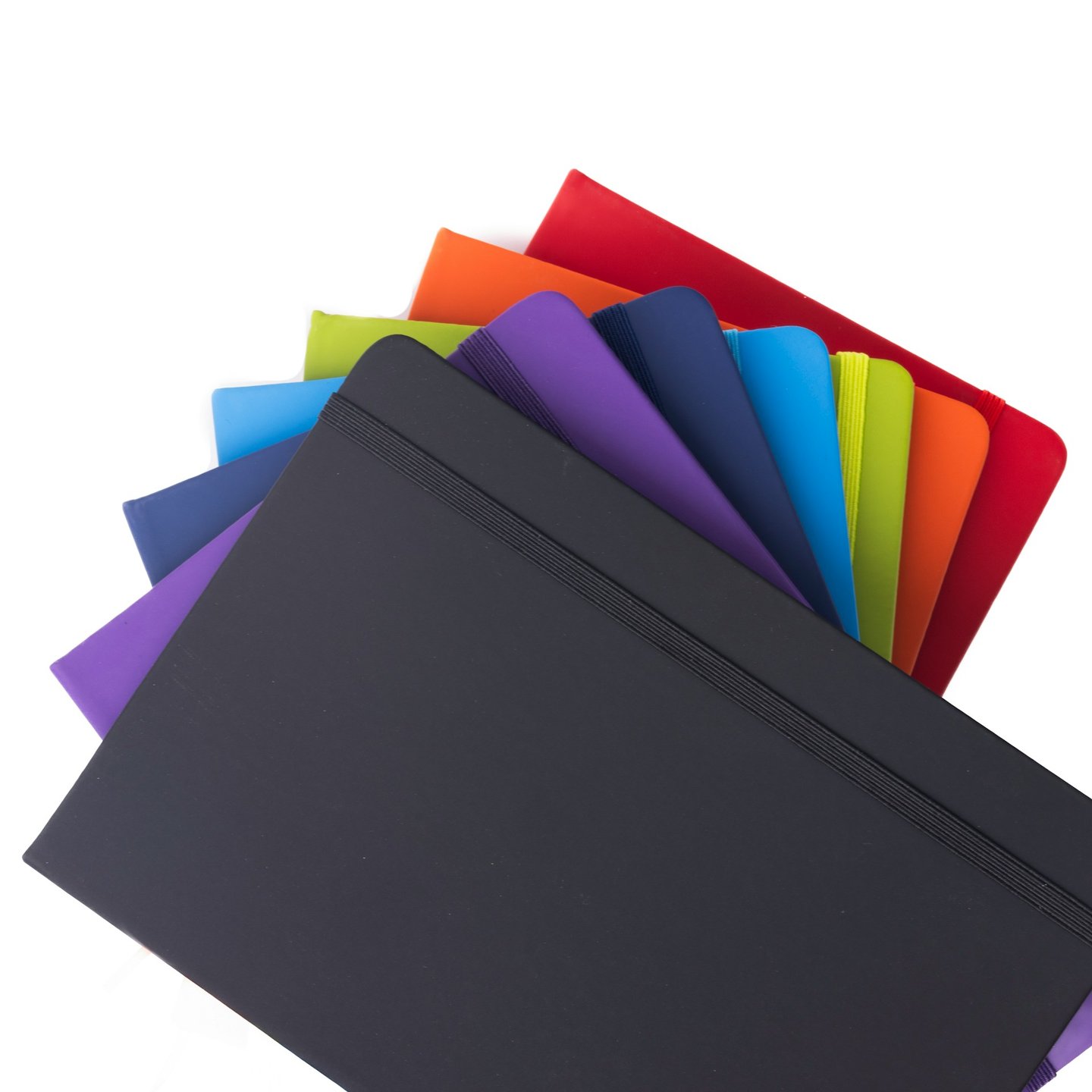 A fanned-out stack of colorful hardcover folders with elastic closures on a white background.