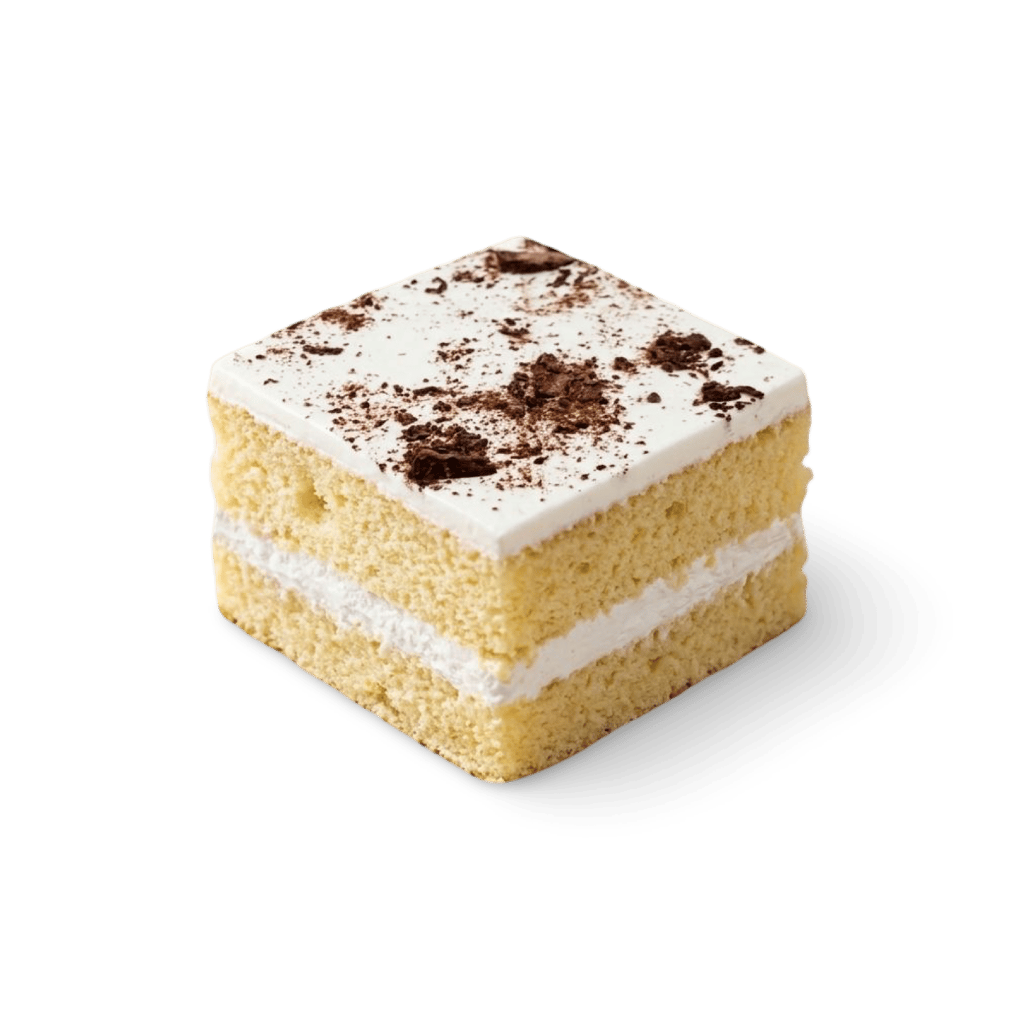 Square slice of vanilla sponge cake with white frosting and cocoa powder sprinkles.