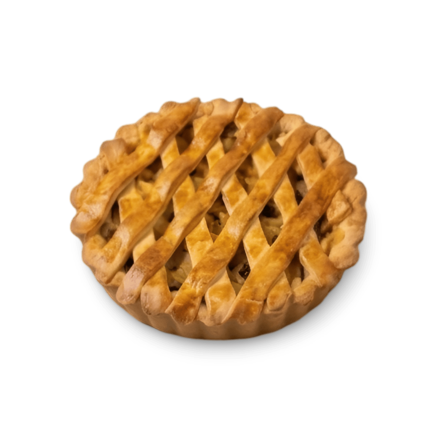 Golden brown lattice crust apple pie with a fluted edge isolated on a black background.