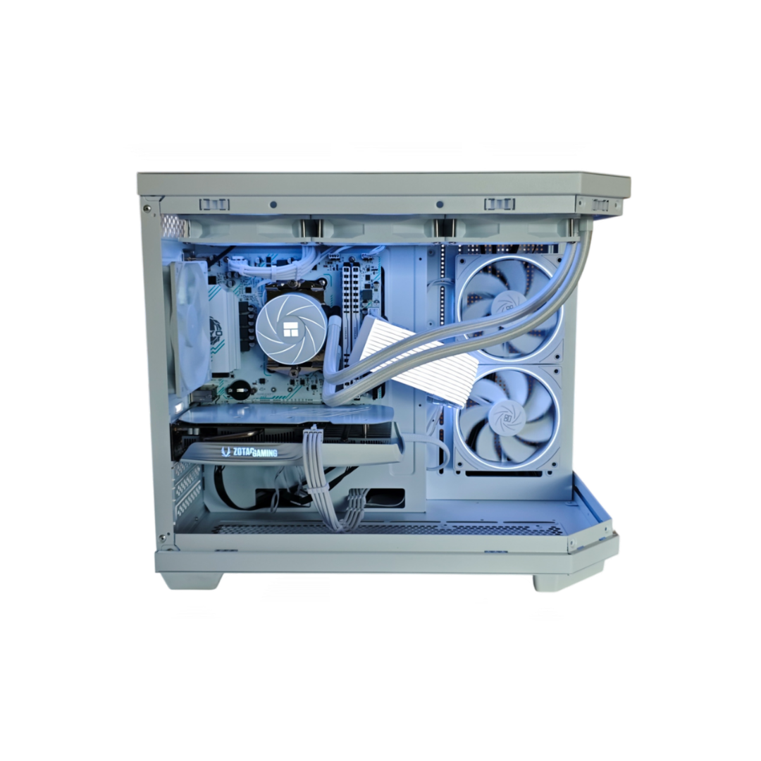 PC Gaming All-White com refrigeração líquida e luzes RGB