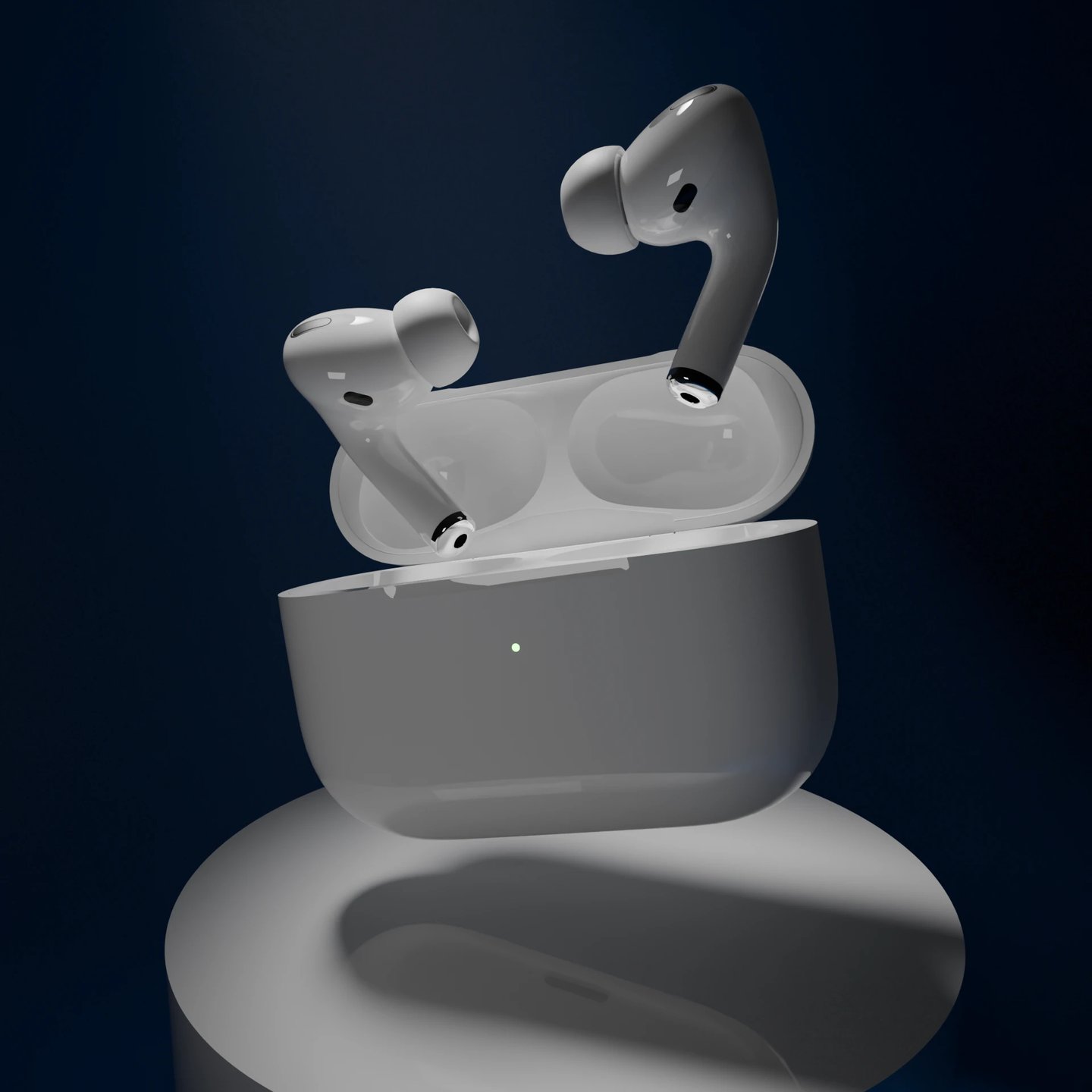 White noise-canceling wireless earbuds floating above an open charging case on a circular pedestal.