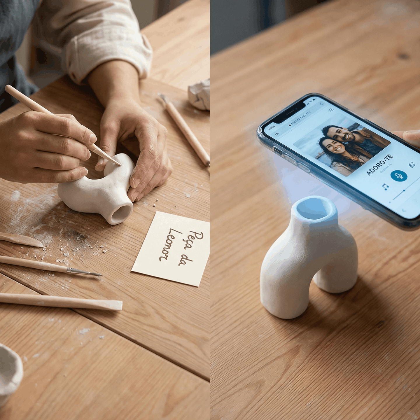 Peça de cerâmica feita à mão com experiência digital única através do telemóvel