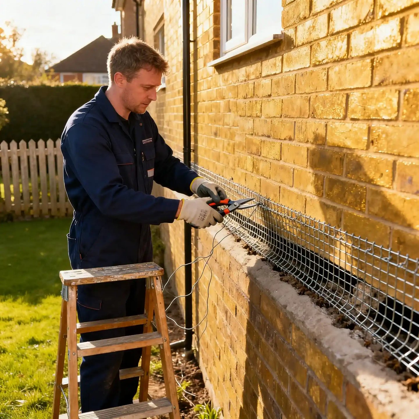 Cowbit pest control expert proofing outside building with mesh