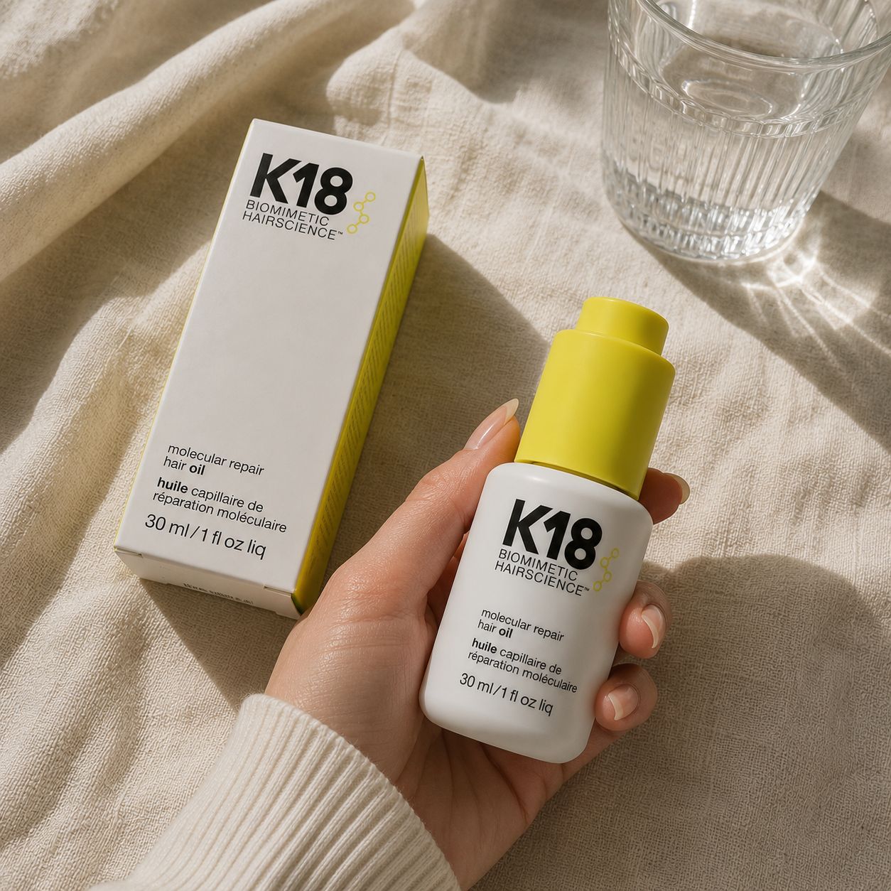 K18 Molecular Repair Hair Oil for smooth shiny hair in a luxury clean girl haircare aesthetic