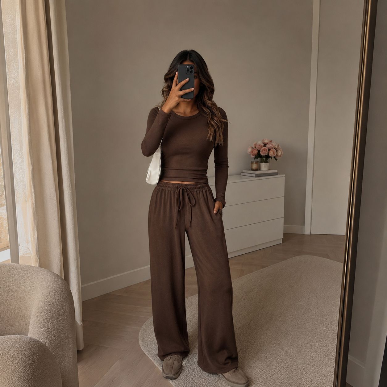 Neutral brown matching set with classy comfy fashion look and luxury casual aesthetic.