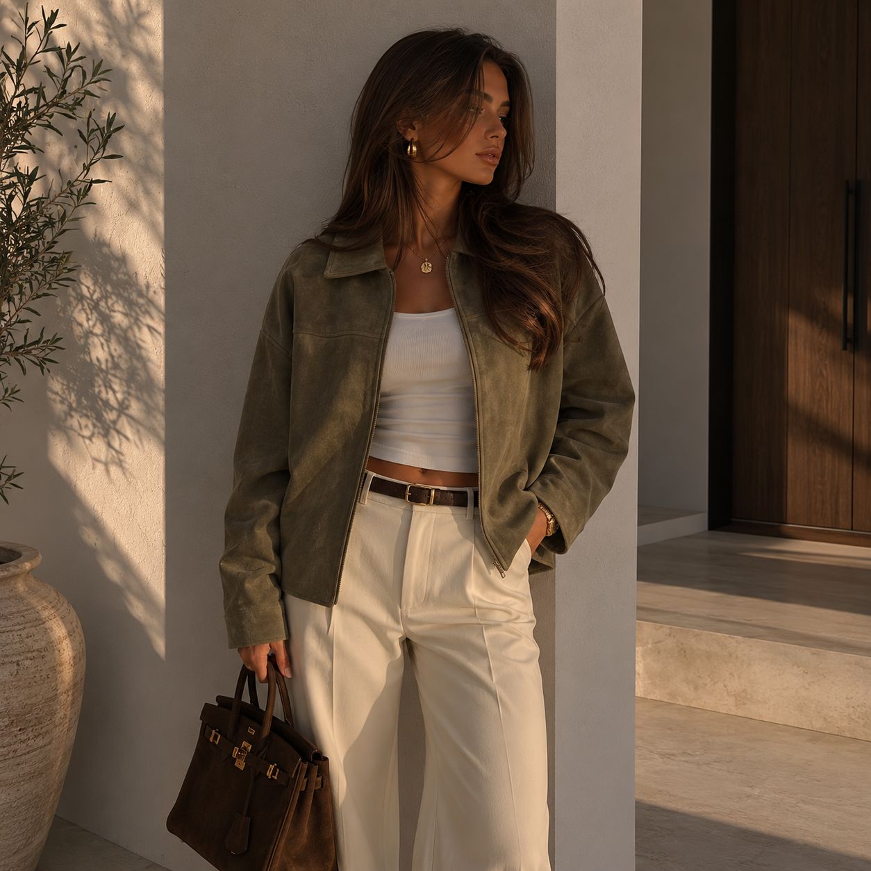 Oversized khaki jacket with a soft suede texture on a clean aesthetic background.