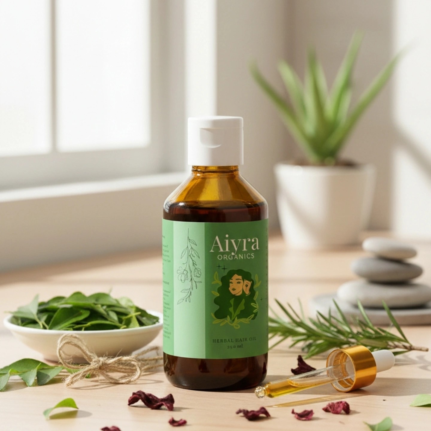 Aiyra Organics herbal hair oil rosemary, curry leaves, and a dropper for natural hair care.