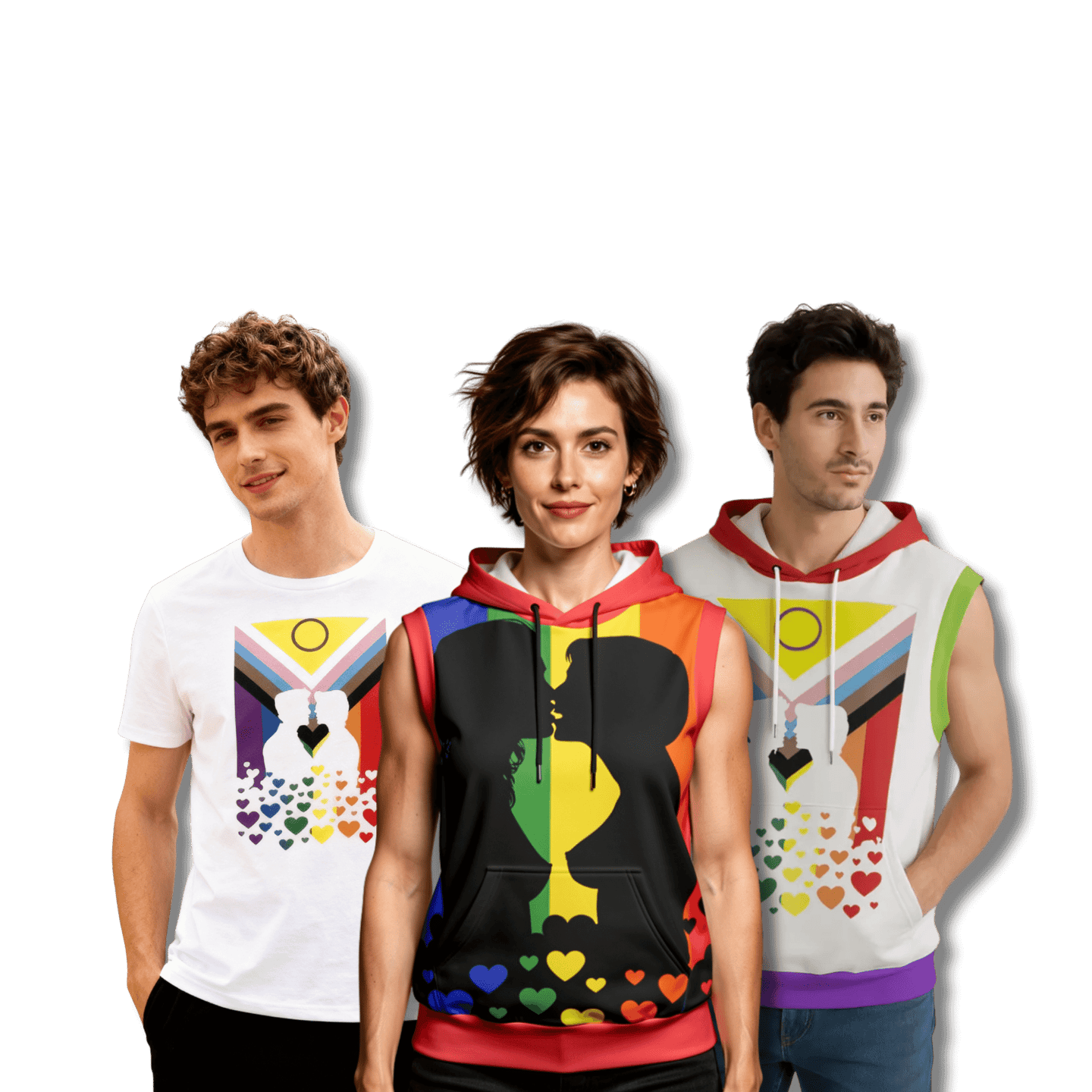 LGBTQIA pride flag clothing on  2 male models and one female