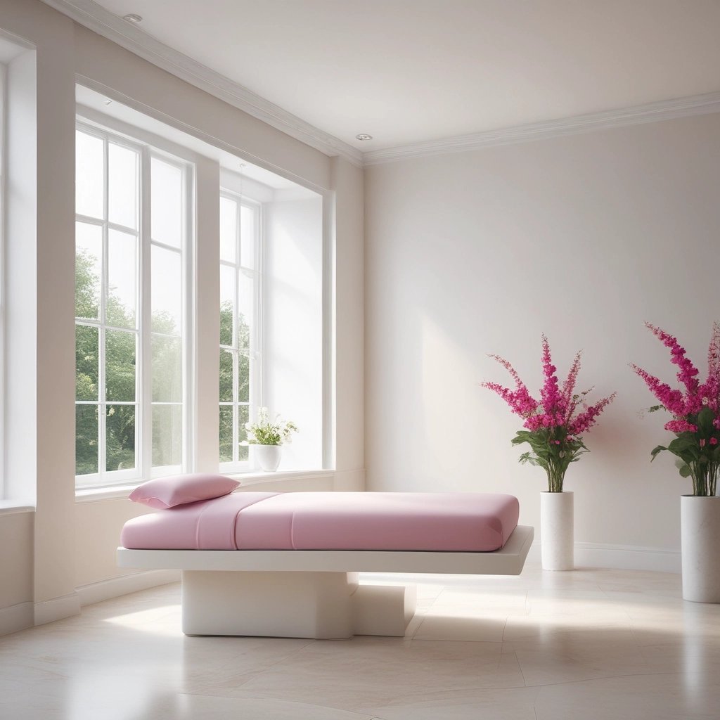 Bright and welcoming clinic reception area with fuchsia and black accents.